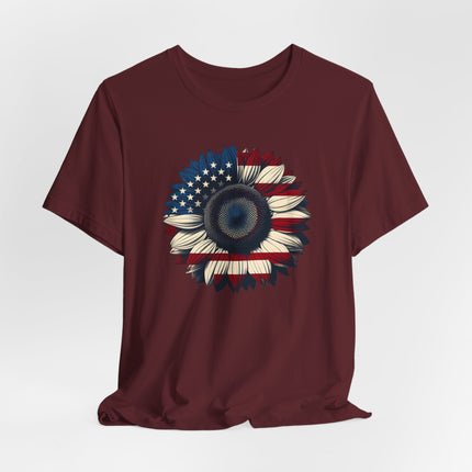 American Sunflower Flag T-shirt, American Floral Tee, Patriotic Flower Shirt, USA Garden Top, Independence Day Clothing, 4th of July