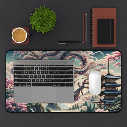 Desk Mat - Japanese Dragon Landscape, Gaming Mouse Pad, Office Desk Accessory, Asian Mythology Work Mat, Nature Scene Desk Protector
