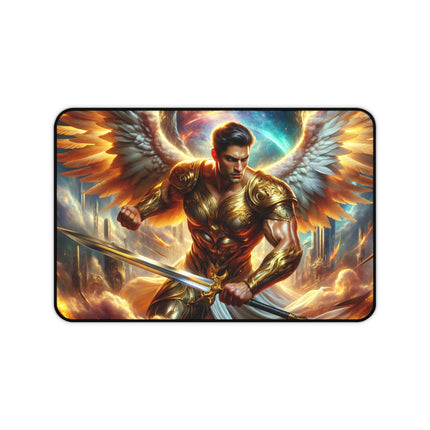 Golden Angel Warrior Desk Mat, Heavenly Guardian Table Mat, Metallic Angelic Mouse Pad, Celestial Office Desk Protector, Divine Gaming Pad