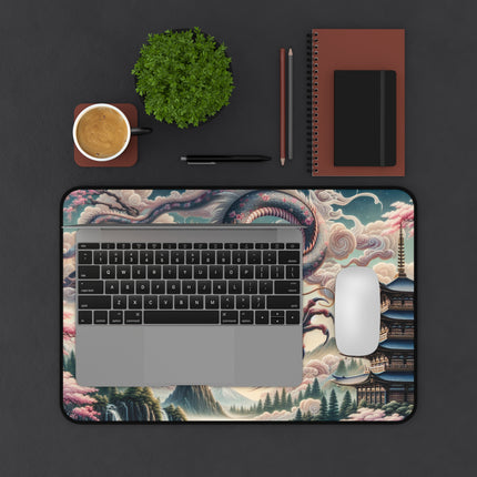 Desk Mat - Japanese Dragon Landscape, Gaming Mouse Pad, Office Desk Accessory, Asian Mythology Work Mat, Nature Scene Desk Protector