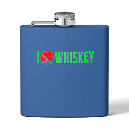 Stainless Steel Flask - I Love Whiskey with Shamrock Design for St. Patrick's Day, Gift for Whiskey Lovers, Custom Hip Flask, Party