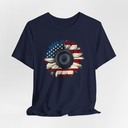 American Sunflower Flag T-shirt, American Floral Tee, Patriotic Flower Shirt, USA Garden Top, Independence Day Clothing, 4th of July