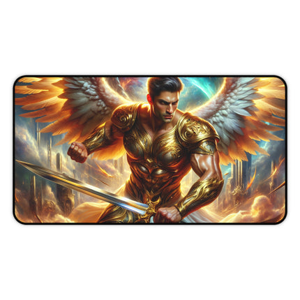Golden Angel Warrior Desk Mat, Heavenly Guardian Table Mat, Metallic Angelic Mouse Pad, Celestial Office Desk Protector, Divine Gaming Pad