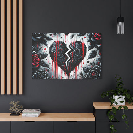 Canvas Wall Art, Abstract Broken Heart with Roses Home Decor, Stretched Matte Print, Romantic Floral Painting, Heartbreak Art, Gift For Her