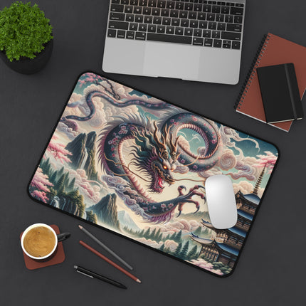 Desk Mat - Japanese Dragon Landscape, Gaming Mouse Pad, Office Desk Accessory, Asian Mythology Work Mat, Nature Scene Desk Protector