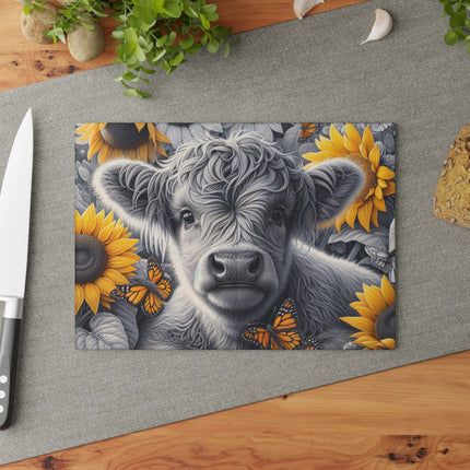 Glass Cutting Board, Cow and Sunflowers Kitchen Decor, Butterfly Glass Chopping Board, Farmhouse Cow Trivet, Floral Glass Cutting Board,