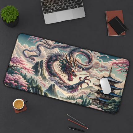 Desk Mat - Japanese Dragon Landscape, Gaming Mouse Pad, Office Desk Accessory, Asian Mythology Work Mat, Nature Scene Desk Protector