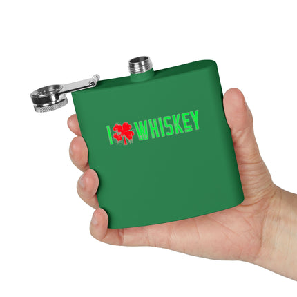 Stainless Steel Flask - I Love Whiskey with Shamrock Design for St. Patrick's Day, Gift for Whiskey Lovers, Custom Hip Flask, Party