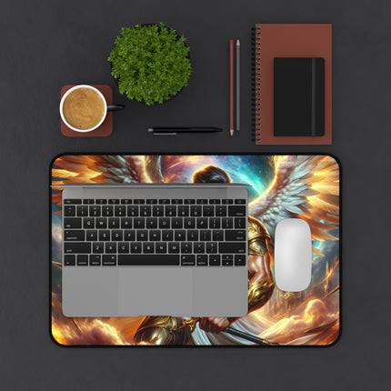 Golden Angel Warrior Desk Mat, Heavenly Guardian Table Mat, Metallic Angelic Mouse Pad, Celestial Office Desk Protector, Divine Gaming Pad