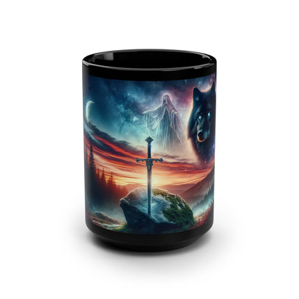 Black Mug, Sword in the Stone Black Wolf Coffee Mug, 15oz - Unique Drinkware for Coffee Lovers, Halloween Gifts, Gothic Home Decor, Kitchen