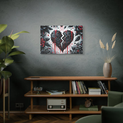 Canvas Wall Art, Abstract Broken Heart with Roses Home Decor, Stretched Matte Print, Romantic Floral Painting, Heartbreak Art, Gift For Her