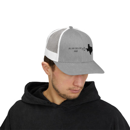 Funny Texas Snapback Cap, All My Exes Live Here Hat, Gift for Texans, Casual Trucker Cap, Outdoor Adventure Accessories, Humorous Cap