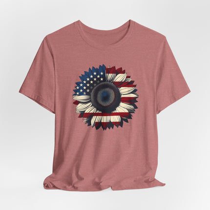 American Sunflower Flag T-shirt, American Floral Tee, Patriotic Flower Shirt, USA Garden Top, Independence Day Clothing, 4th of July