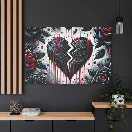 Canvas Wall Art, Abstract Broken Heart with Roses Home Decor, Stretched Matte Print, Romantic Floral Painting, Heartbreak Art, Gift For Her