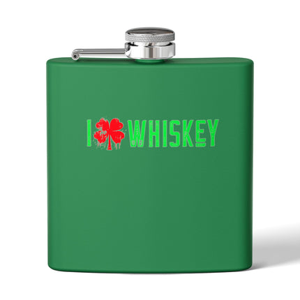 Stainless Steel Flask - I Love Whiskey with Shamrock Design for St. Patrick's Day, Gift for Whiskey Lovers, Custom Hip Flask, Party