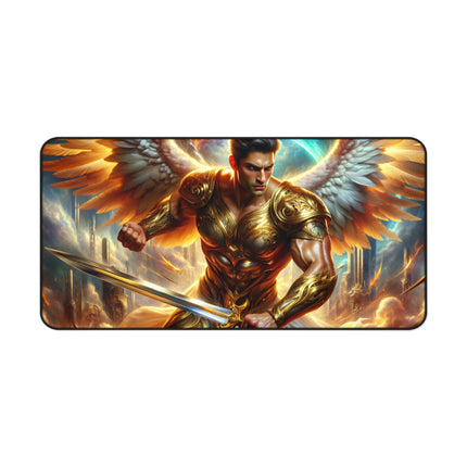 Golden Angel Warrior Desk Mat, Heavenly Guardian Table Mat, Metallic Angelic Mouse Pad, Celestial Office Desk Protector, Divine Gaming Pad