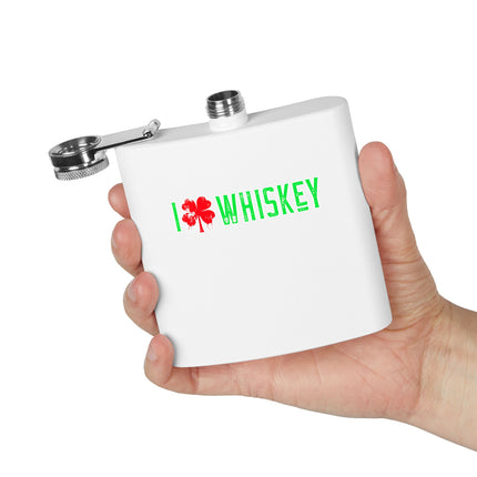 Stainless Steel Flask - I Love Whiskey with Shamrock Design for St. Patrick's Day, Gift for Whiskey Lovers, Custom Hip Flask, Party