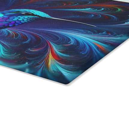 Colorful Abstract Hummingbird Glass Cutting Board, Kitchen Decor, Unique Serving Platter, Bird Lover Gift, Housewarming Present, Vibrant