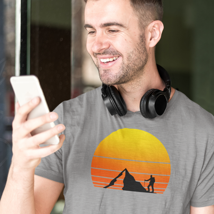 Hiking Tee, Mountain Sunset Graphic T-Shirt, Outdoor Adventure Shirt, Men's Nature Top, Lightweight Summer Tee, Mountain Climber T-Shirt