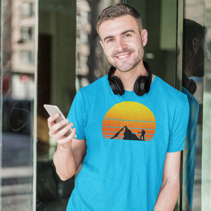 Hiking Tee, Mountain Sunset Graphic T-Shirt, Outdoor Adventure Shirt, Men's Nature Top, Lightweight Summer Tee, Mountain Climber T-Shirt