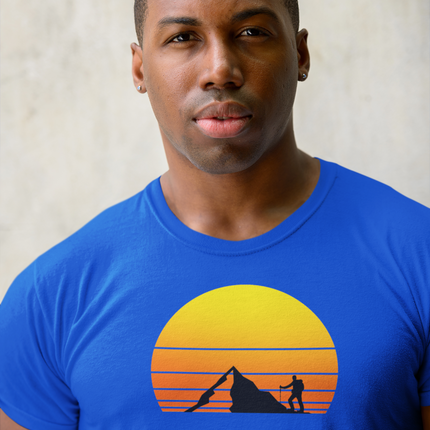 Hiking Tee, Mountain Sunset Graphic T-Shirt, Outdoor Adventure Shirt, Men's Nature Top, Lightweight Summer Tee, Mountain Climber T-Shirt