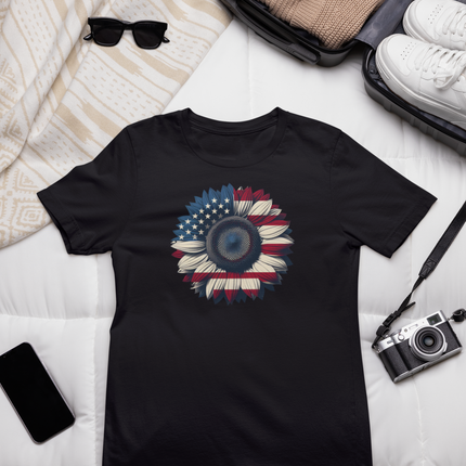 American Sunflower Flag T-shirt, American Floral Tee, Patriotic Flower Shirt, USA Garden Top, Independence Day Clothing, 4th of July