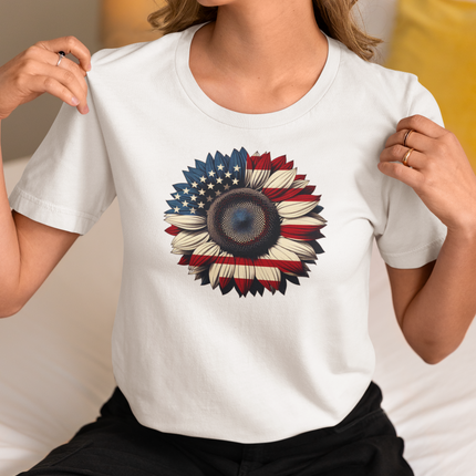 American Sunflower Flag T-shirt, American Floral Tee, Patriotic Flower Shirt, USA Garden Top, Independence Day Clothing, 4th of July