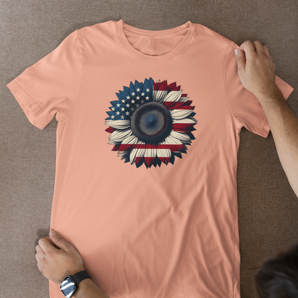 American Sunflower Flag T-shirt, American Floral Tee, Patriotic Flower Shirt, USA Garden Top, Independence Day Clothing, 4th of July