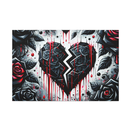 Canvas Wall Art, Abstract Broken Heart with Roses Home Decor, Stretched Matte Print, Romantic Floral Painting, Heartbreak Art, Gift For Her
