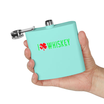 Stainless Steel Flask - I Love Whiskey with Shamrock Design for St. Patrick's Day, Gift for Whiskey Lovers, Custom Hip Flask, Party