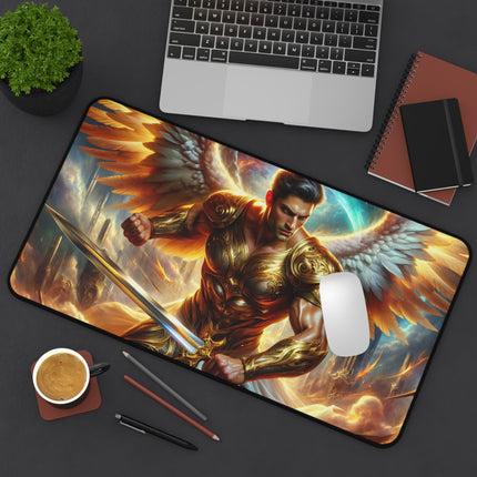 Golden Angel Warrior Desk Mat, Heavenly Guardian Table Mat, Metallic Angelic Mouse Pad, Celestial Office Desk Protector, Divine Gaming Pad