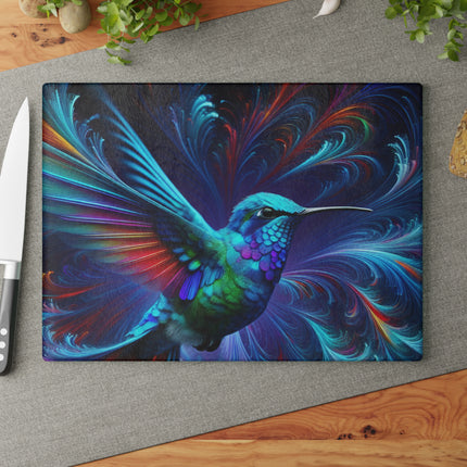 Colorful Abstract Hummingbird Glass Cutting Board, Kitchen Decor, Unique Serving Platter, Bird Lover Gift, Housewarming Present, Vibrant