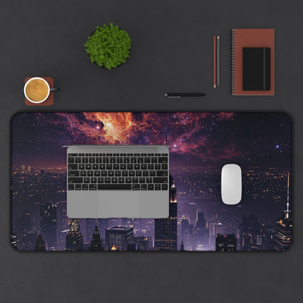 Cosmic Cityscape Desk Mat, Unique Gaming Mouse Pad, Outer Space Office Decor, Nebula Desk Accessory, Celestial Desk Protector