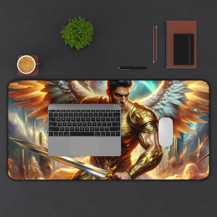 Golden Angel Warrior Desk Mat, Heavenly Guardian Table Mat, Metallic Angelic Mouse Pad, Celestial Office Desk Protector, Divine Gaming Pad