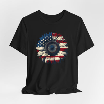 American Sunflower Flag T-shirt, American Floral Tee, Patriotic Flower Shirt, USA Garden Top, Independence Day Clothing, 4th of July