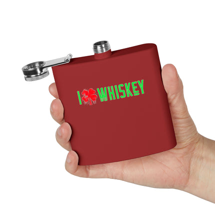Stainless Steel Flask - I Love Whiskey with Shamrock Design for St. Patrick's Day, Gift for Whiskey Lovers, Custom Hip Flask, Party