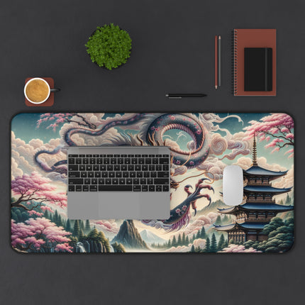 Desk Mat - Japanese Dragon Landscape, Gaming Mouse Pad, Office Desk Accessory, Asian Mythology Work Mat, Nature Scene Desk Protector