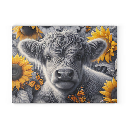 Glass Cutting Board, Cow and Sunflowers Kitchen Decor, Butterfly Glass Chopping Board, Farmhouse Cow Trivet, Floral Glass Cutting Board,