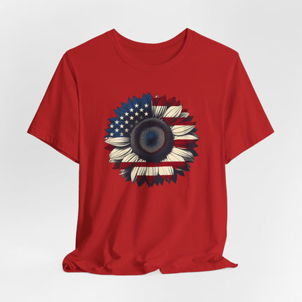 American Sunflower Flag T-shirt, American Floral Tee, Patriotic Flower Shirt, USA Garden Top, Independence Day Clothing, 4th of July