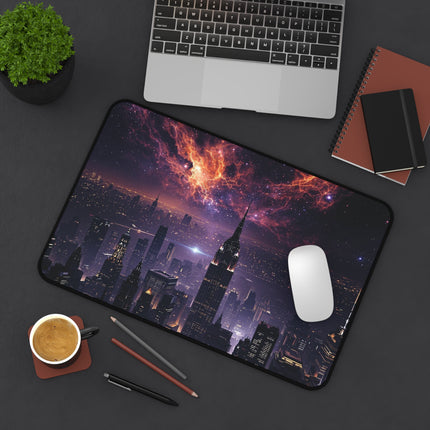 Cosmic Cityscape Desk Mat, Unique Gaming Mouse Pad, Outer Space Office Decor, Nebula Desk Accessory, Celestial Desk Protector