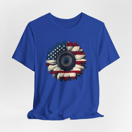 American Sunflower Flag T-shirt, American Floral Tee, Patriotic Flower Shirt, USA Garden Top, Independence Day Clothing, 4th of July