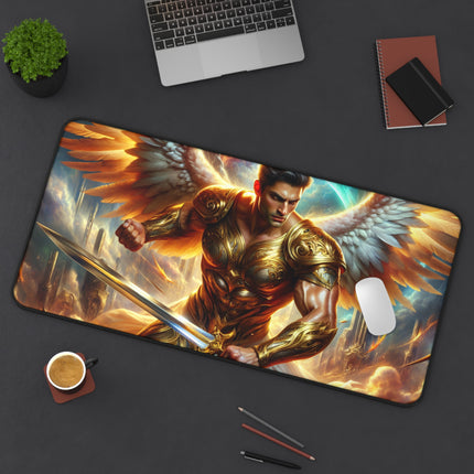 Golden Angel Warrior Desk Mat, Heavenly Guardian Table Mat, Metallic Angelic Mouse Pad, Celestial Office Desk Protector, Divine Gaming Pad