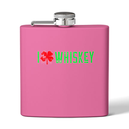 Stainless Steel Flask - I Love Whiskey with Shamrock Design for St. Patrick's Day, Gift for Whiskey Lovers, Custom Hip Flask, Party