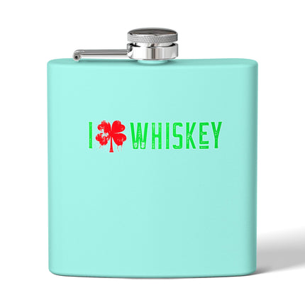 Stainless Steel Flask - I Love Whiskey with Shamrock Design for St. Patrick's Day, Gift for Whiskey Lovers, Custom Hip Flask, Party