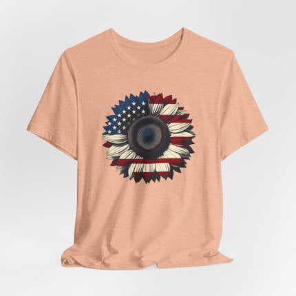 American Sunflower Flag T-shirt, American Floral Tee, Patriotic Flower Shirt, USA Garden Top, Independence Day Clothing, 4th of July