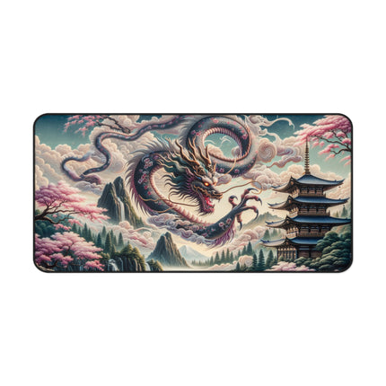 Desk Mat - Japanese Dragon Landscape, Gaming Mouse Pad, Office Desk Accessory, Asian Mythology Work Mat, Nature Scene Desk Protector