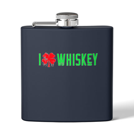Stainless Steel Flask - I Love Whiskey with Shamrock Design for St. Patrick's Day, Gift for Whiskey Lovers, Custom Hip Flask, Party