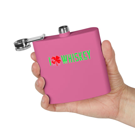 Stainless Steel Flask - I Love Whiskey with Shamrock Design for St. Patrick's Day, Gift for Whiskey Lovers, Custom Hip Flask, Party