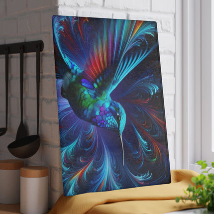 Colorful Abstract Hummingbird Glass Cutting Board, Kitchen Decor, Unique Serving Platter, Bird Lover Gift, Housewarming Present, Vibrant