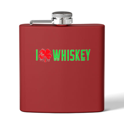 Stainless Steel Flask - I Love Whiskey with Shamrock Design for St. Patrick's Day, Gift for Whiskey Lovers, Custom Hip Flask, Party